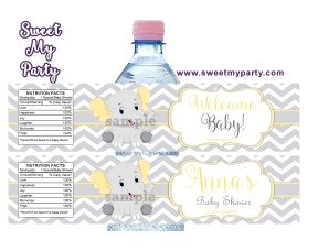 Yellow and grey elephant baby shower water bottle labels,(005ebs)